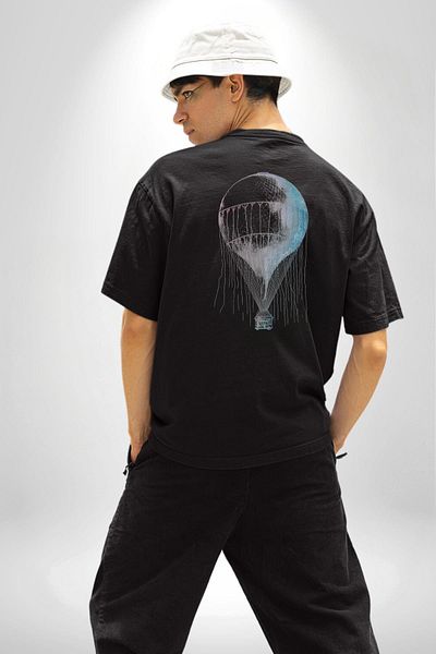 Angemiel Ancient Hot Air Balloon Digital Art Black Oversize Women's Men's Front and Back Printed T-Shirt