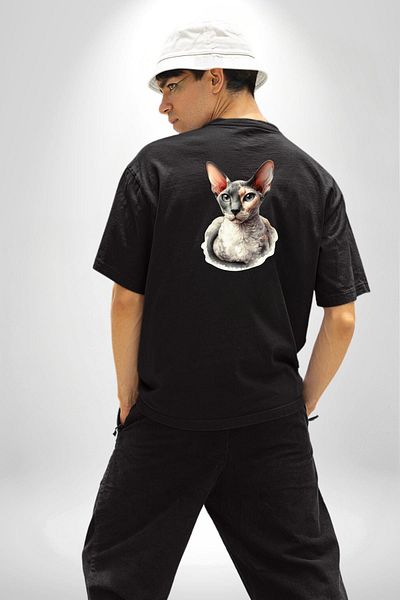 Angemiel Sphinx Cat Special Design Black Oversize Women's Men's Front and Back Printed T-Shirt