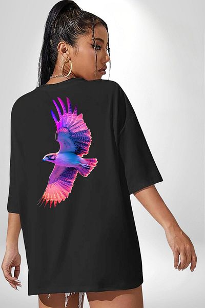 Angemiel Purple-Pink Eagle Black Oversize Women's Men's Front and Back Printed T-Shirt