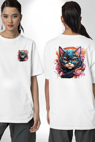 Angemiel تي شيرت Robotic Cat Cyberpunk Cyber ​​Cat أبيض كبير الحجم للنساء والرجال مطبوع من الأمام والظهر