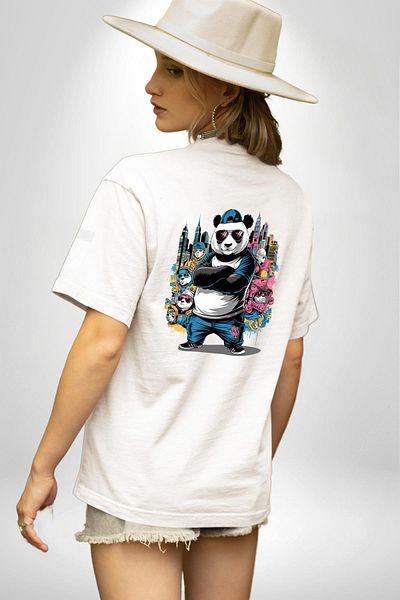 Angemiel تي شيرت Gangster Panda Hip-Hop Cool Panda أبيض كبير الحجم للنساء والرجال مطبوع من الأمام والظهر