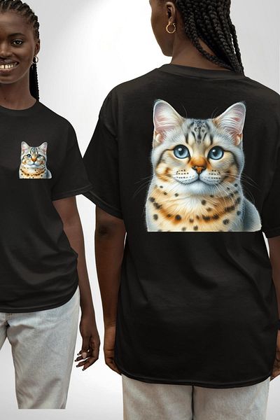 Angemiel Bengal Cat Black Oversize Women's Men's Front and Back Printed T-Shirt