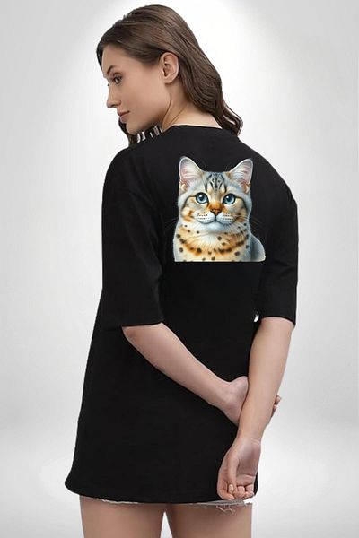 Angemiel Bengal Cat Black Oversize Women's Men's Front and Back Printed T-Shirt