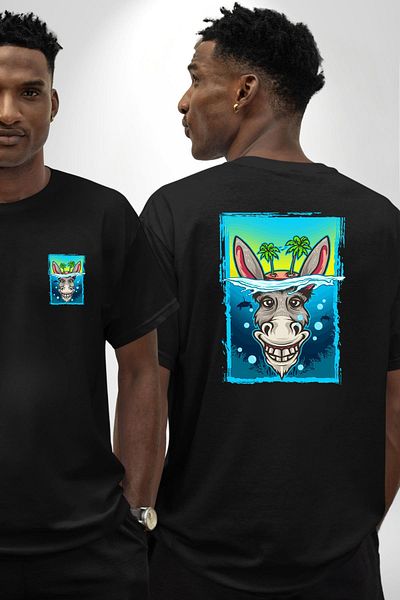 Angemiel Tropical Island Design with Donkey Summer Black Oversize Women's Men's Front and Back Printed T-Shirt