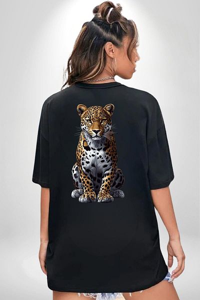 Angemiel Leopard Pattern Wild Animal Black Oversize Women's Men's Front and Back Printed T-Shirt