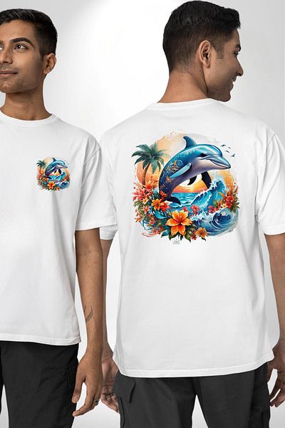 Angemiel تي شيرت Summer Spirit Floral Dolphin باللون الأبيض كبير الحجم للنساء والرجال مطبوع من الأمام والظهر