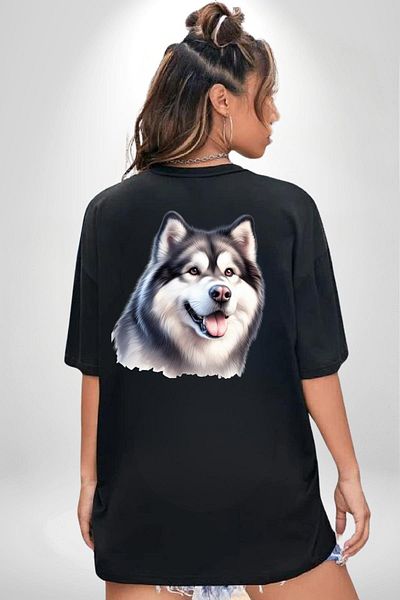 Angemiel Alaskan Malamute Dog Design Black Oversize Women's Men's Front and Back Printed T-Shirt