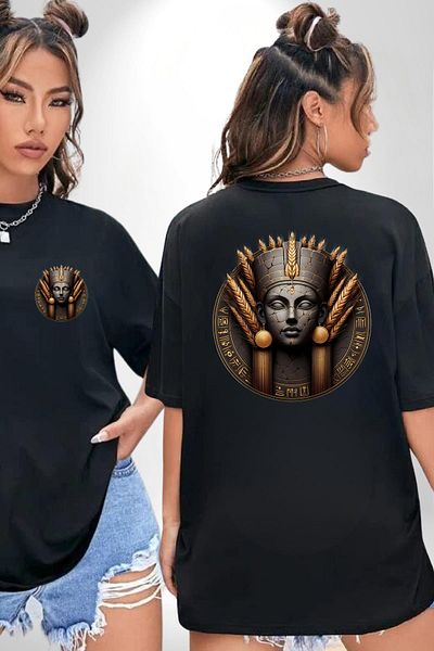 Angemiel Nepit Goddess of Harvest and Grain Old Egypt Black Oversize Women Men Front and Back Printed T-Shirt