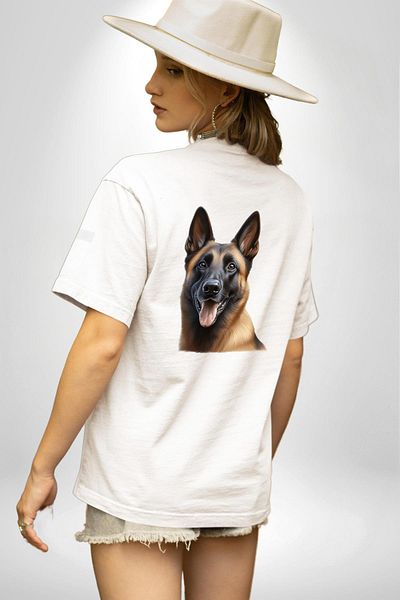 Angemiel تي شيرت بلجيكي Malinois Cute Dog أبيض كبير الحجم للنساء والرجال مطبوع من الأمام والظهر