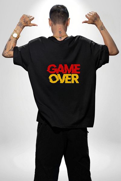 Angemiel Game over Printed Graphic Black Oversize Women's Men's Front and Back Printed T-Shirt for Game Enthusiasts