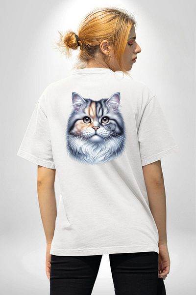 Angemiel Persian Cat Special Design White Oversize Women's Men's Front and Back Printed T-Shirt