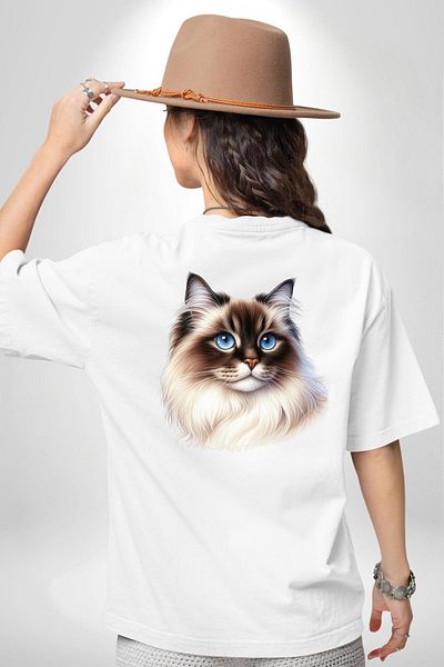 Angemiel Siberian Cat White Oversize Women's Men's Front and Back Printed T-Shirt