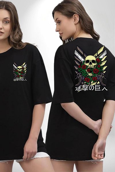 Angemiel Rose and Skeleton Black Oversize Women's Men's Front and Back Printed T-Shirt