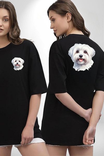 Angemiel Cute Maltese Dog Design Black Oversize Women Men Front and Back Printed T-Shirt