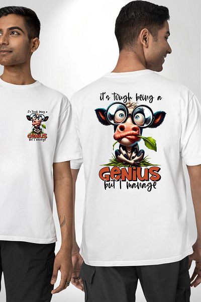 Angemiel تي شيرت Zeki Cow Funny Genius Design أبيض كبير الحجم للنساء والرجال مطبوع من الأمام والظهر