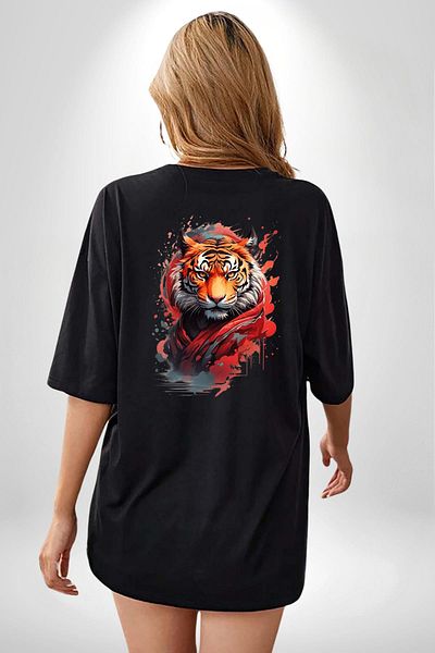 Angemiel Modern Asian Inspired Tiger Design Black Oversize Women's Men's Front and Back Printed T-Shirt