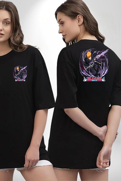 Angemiel Bleach Ichigo Kurosaki Anime Black Oversize Women Men Front and Back Printed T-Shirt