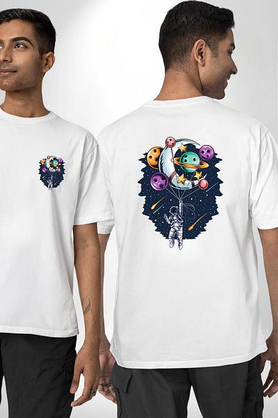 Angemiel Astronaut Balloon Star Moon Planet White Oversize Women's Men's Front and Back Printed T-Shirt