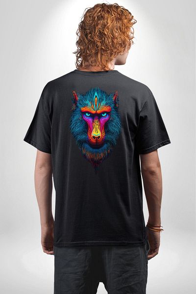 Angemiel Colorful Mandrill Monkey Black Oversize Women's Men's Front and Back Printed T-Shirt