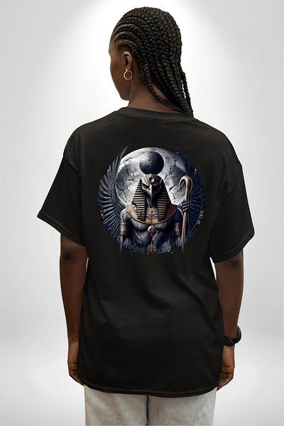 Angemiel Moon God Khonsu Mythological Winged God Egyptian Black Oversize Women Men Front and Back Printed T-Shirt