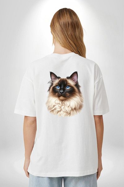 Angemiel Birman Cat Special Design White Oversize Women's and Men's Front and Back Printed T-Shirt