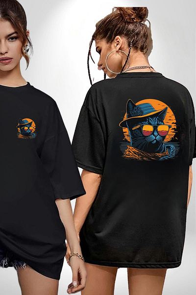 Angemiel Cool Black Cat Glasses and Hat Black Oversize Women's Men's Front and Back Printed T-Shirt