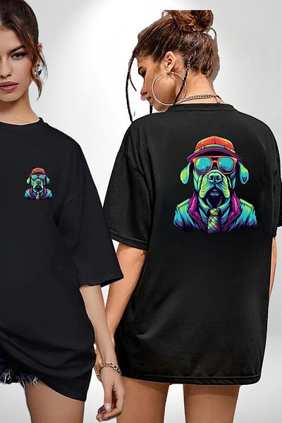 Angemiel Neon Glasses Colorful Style Dog Black Oversize Women's Men's Front and Back Printed T-Shirt