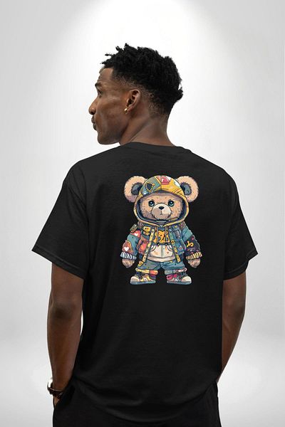 Angemiel Cute Hip-Hop Graffiti Bear Black Oversize Women's Men's Front and Back Printed T-Shirt