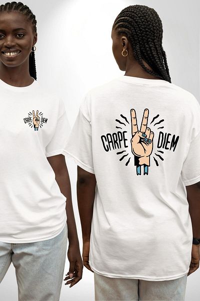 Angemiel تي شيرت Carpe Diem Peace Sign بتصميم يدوي أبيض كبير الحجم للنساء والرجال مطبوع من الأمام والظهر