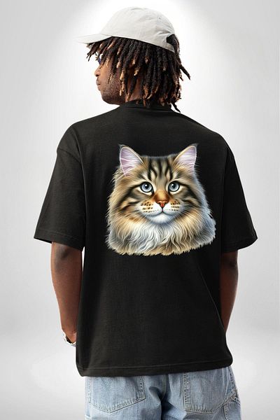 Angemiel Siberian Cat Design Black Oversize Women's Men's Front and Back Printed T-Shirt