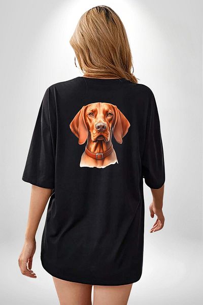 Angemiel Vizsla Energetic Hunting Dog Design Black Oversize Women's Men's Front and Back Printed T-Shirt