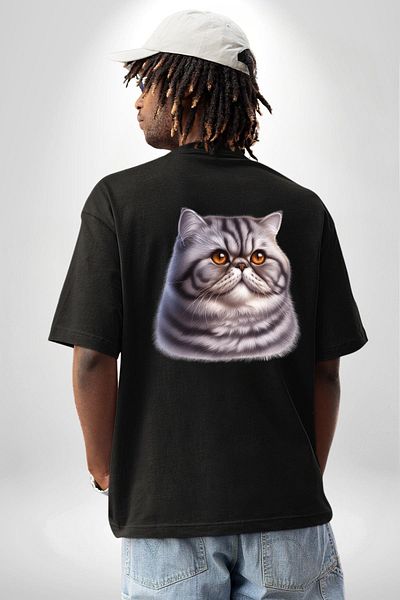 Angemiel Persian Cat Black Oversize Women's Men's Front and Back Printed T-Shirt