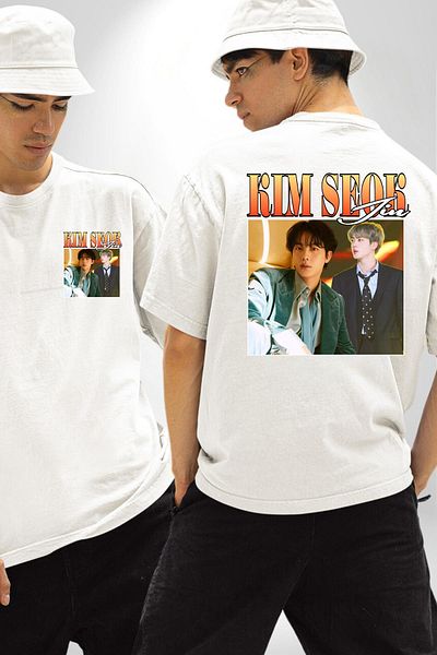 Angemiel تي شيرت Kim Seok Jin Singer Korean Pop أبيض كبير الحجم للنساء والرجال مطبوع من الأمام والخلف