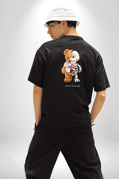 Angemiel Bear Teddy Show Your Real Face Skeleton Black Oversize Women Men Front and Back Printed T-Shirt