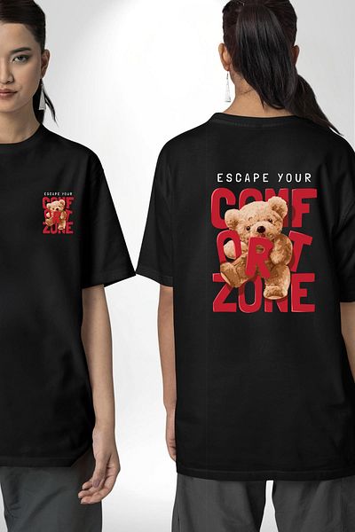 Angemiel Get Out of Comfort Zone Bear Design Black Oversize Women's Men's Front and Back Printed T-Shirt