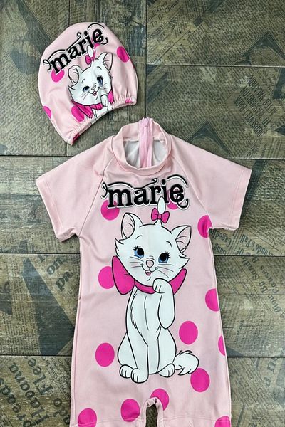 PODİUM GİYİM Trend New Cute Cat Printed Long Sleeve Zipper Swimsuit- Checkered 2-Piece Sun Protection Girl'S- Swimsuit
