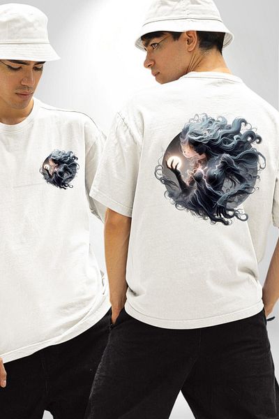 Angemiel Virgo Special Design White Oversize Women's and Men's Front and Back Printed T-Shirt