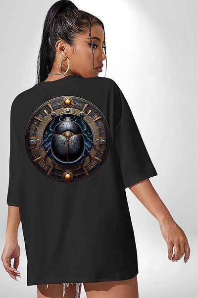 Angemiel Khepri Rebirth, Morning Sun God Egypt Black Oversize Women Men Front and Back Printed T-Shirt