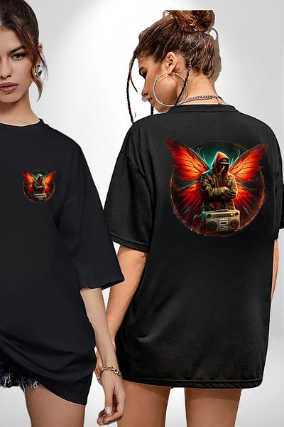 Angemiel Music and Wings New Generation Design Black Oversize Women's Men's Front and Back Printed T-Shirt