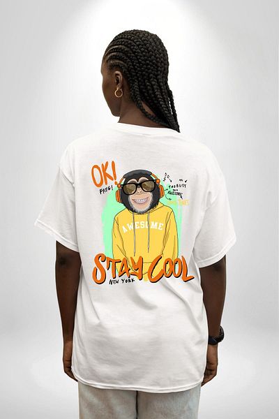 Angemiel تي شيرت Stay Cool Fun Monkey Graphic أبيض كبير الحجم للنساء والرجال مطبوع من الأمام والظهر