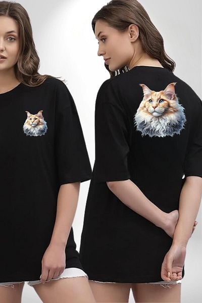 Angemiel Maine  Cat Black Oversize Women's Men's Front and Back Printed T-Shirt