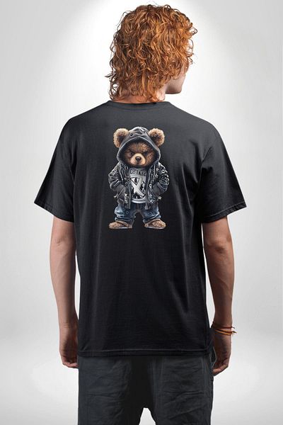 Angemiel Black Leather Jacket Gothic Rebel Teddy Bear Black Oversize Women's Men's Front and Back Printed T-Shirt