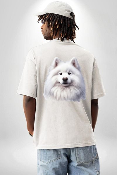Angemiel تي شيرت أبيض مطبوع من الأمام والظهر للنساء والرجال ذو حجم كبير من White Samoyed Dog