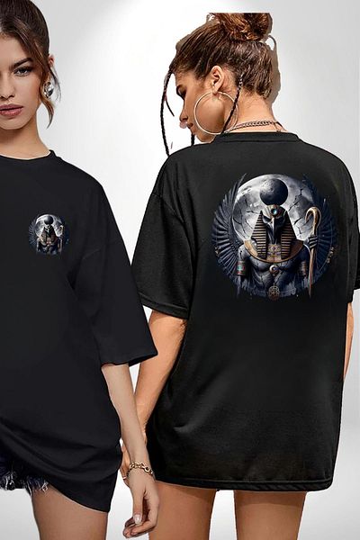 Angemiel Moon God Khonsu Mythological Winged God Egyptian Black Oversize Women Men Front and Back Printed T-Shirt