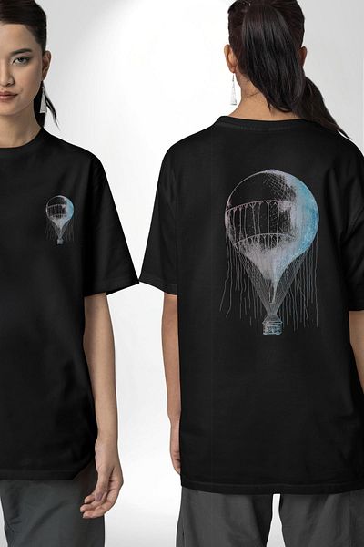 Angemiel Ancient Hot Air Balloon Digital Art Black Oversize Women's Men's Front and Back Printed T-Shirt