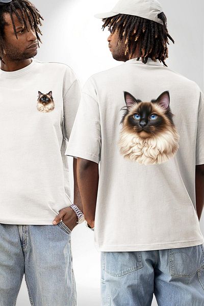Angemiel Birman Cat Special Design White Oversize Women's and Men's Front and Back Printed T-Shirt