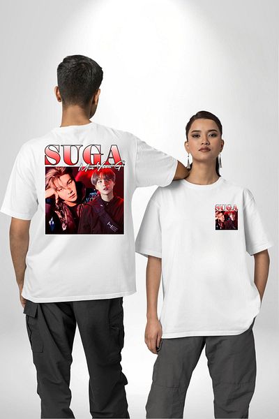 Angemiel Suga Musician White Oversize Women Men Front and Back Printed T-Shirt for K-Pop Fans