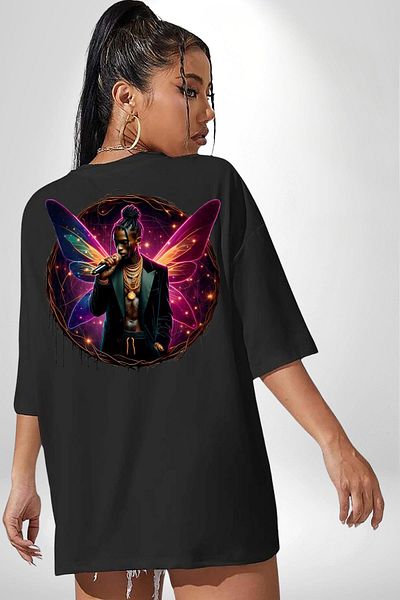 Angemiel Men's Hip Hop Rapper Purple-Pink Neon Black Oversize Women Men Front and Back Printed T-Shirt