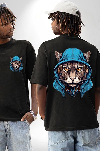 Angemiel Cyber ​​Cat Digital Tiger Eye Black Oversize Women's Men's Front and Back Printed T-Shirt