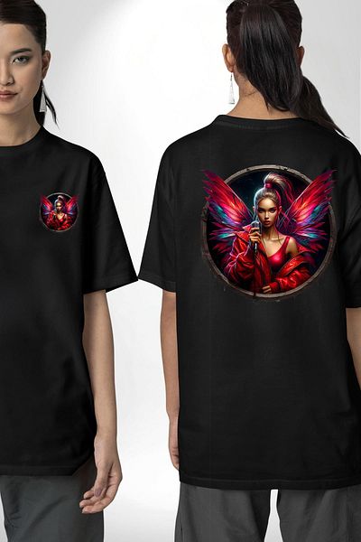 Angemiel Black Oversize Women's Men's Front and Back Printed T-Shirt with Microphone Women Singer Design